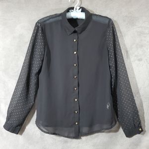 Notations Sheer Long Sleeve Buttondown Black w/Metallic Gold Dots Size S